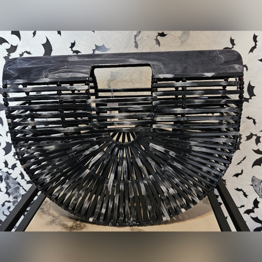Acrylic Ark Clutch Hand Bag Half Moon Bamboo Style Black & White Purse